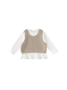 Zweiteiliges Mädchen-Set mit weißem Rüschenhemd und beiger Strickweste im Set