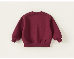 Detailed back view of a burgundy kids long sleeve sweatshirt with ribbed cuffs and hem