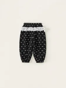 Girls Bowknot Print Casual Sweatpants With White Lace Trim Soft Cotton Blend Autumn Children Long Pants Elastic Waist