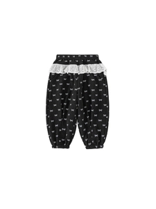 Girls black cotton casual pants with white bow prints and delicate lace waist decoration