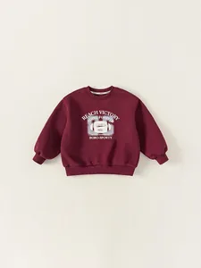 Boys American Retro Letter Print Sweatshirt Cotton Blend Long Sleeve Pullover Casual Loose Top For Children Burgundy