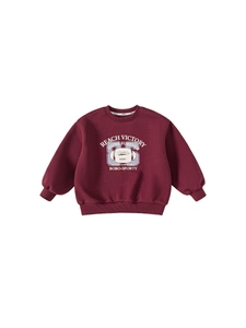 Boys' deep red long-sleeved crewneck sweatshirt with vintage athletic graphic print