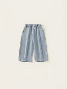 Filles Jeans en Denim à Jambes Larges Brodées de Cœur Taille Élastique Pantalon Long en Mélange de Coton Bleu Denim Décontracté Printemps Automne