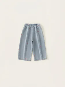 Jeans larges bleu clair pour filles avec broderie cœur rouge et taille élastique