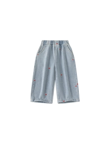 Pantalon en jean large bleu clair pour filles avec broderie coeur et taille élastique