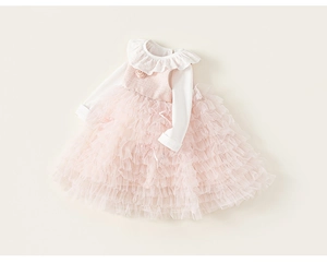 Detail van meisjes prinsessenjurk met kantkraag, bloemen en gelaagde rok van mesh en tule