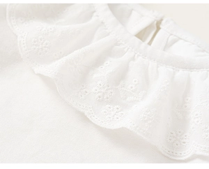 Detail van witte katoenen blouse met ruffelkraag en holle geborduurde bloemen