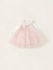 Meisjes Prinsessenjurk Witte Kant Kraag Lange Mouw Top En Roze Gaas Tutu Rok Katoen Zoet Bloemen Feest Kinderen Outfit