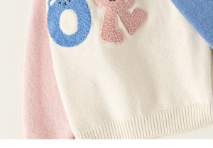 Detail of knit sweater with contrast sleeves and 3D plush OK bear embroidery patch