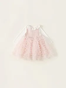 Roze tweed en mesh tule prinsessenjurk voor meisjes met witte kanten kraag en lange mouwen