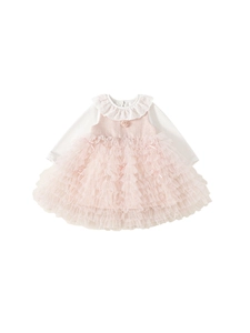 Roze tule prinsessenjurk voor baby's met witte kanten kraag en lange mouwen
