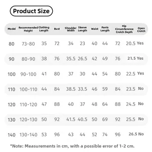 Detailed size guide for toddler boy uniform set with measurements for heights 73cm to 140cm