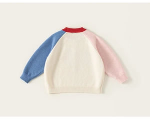 Close-up of color-block knit sweater with raglan sleeves and rib-knit cuffs for kids