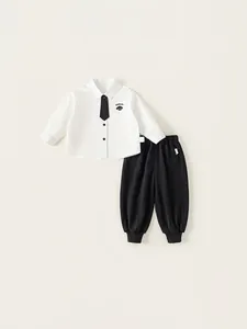 Boys Academy Style Uniform Clothing Top And Pants White Long Sleeve Shirt With Tie Black Pants Toddler Kids Cotton Apparel