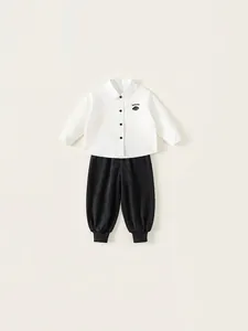 Children's academic style suit with white long-sleeved shirt and black jogger pants set