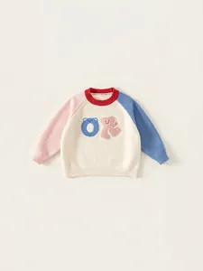 Toddler Kids Colorblock Knit Sweater Round Neck Raglan Sleeve Cartoon Bear Heart Embroidery Soft Acrylic Blend Pullover