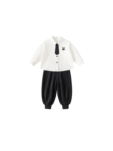 Classic boy's two-piece set with long-sleeve white shirt, black tie, and loose trousers