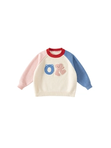 Kids color-block knit sweater with raglan sleeves and cute OK bear embroidery