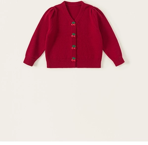 Close-up of red knit cardigan for girls featuring cherry-shaped decorative buttons