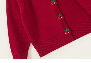 Detailed view of red knitted cardigan with 3D cherry buttons and ribbed texture
