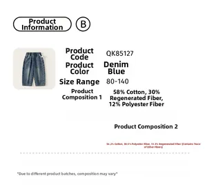 Détails de la composition du tissu denim bleu et guide des tailles pour enfants