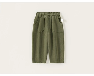 Detail of olive green kids casual pants showing elastic waist and stitched pockets