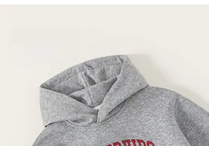 Detailed view of gray hooded sweatshirt with red-outlined letter print on soft cotton