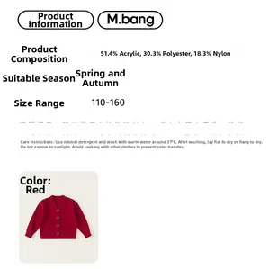 Detail card of red girl knit cardigan with fabric composition and size chart guide