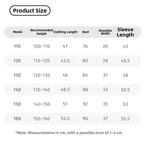 Detailed size chart for girls' red knit cardigan with height and measurement guidelines