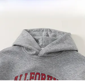 Detail of grey cotton hoodie neckline with California print and adjustable hood