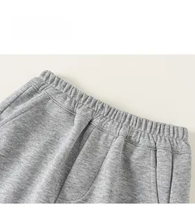 Detail view of wide elastic waistband and side pocket on gray cotton jogger pants