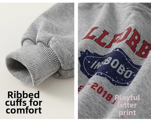 Detailed macro view of gray cotton sweatshirt with ribbed cuffs and letter print design