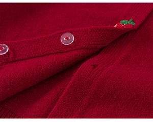 Macro detail of red knit cardigan featuring clear buttons and sweet strawberry embroidery