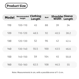 Detailed size chart for children's hoodies showing length, bust, and sleeve measurements