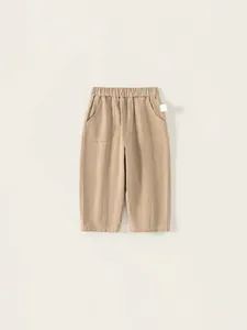Classic khaki casual cotton pants for boys with elastic waistband and side pockets