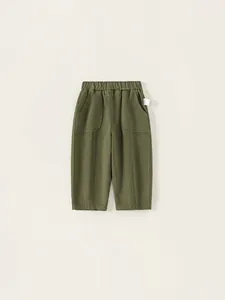 Olive green cotton casual trousers for boys featuring elastic waist and front patch pockets