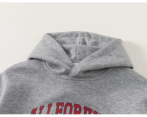 Detail of grey hooded sweatshirt featuring vintage red and black ALL FOR printed lettering