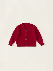 Girls Sweet Red Knit Cardigan With Cherry Shaped Buttons V-Neck Long Sleeve Sweater Coat For Kids Autumn Spring