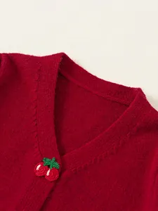 Girls' burgundy V-neck knitted cardigan with delicate crochet cherry embroidery detail