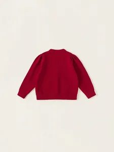 Back view of a red girls' knitted cardigan with puff sleeves and ribbed cuffs
