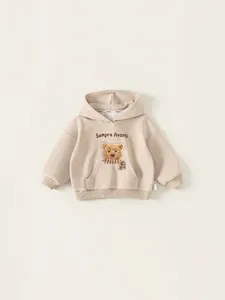 Sweat à Capuche Décontracté à Manches Longues pour Enfants avec Patch Ours en Peluche 3D Imprimé Lettres Abricot en Coton