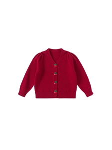 Red knit cardigan for girls featuring 3D cherry buttons and V-neck design for autumn wear