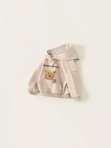 Sweat à capuche beige pour enfant avec motif ours mignon et poche kangourou en coton