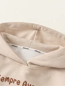 Sweat-shirt à capuche pour enfants en beige avec manches longues et imprimé relief