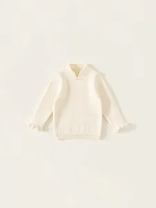 Girls Knitted Sweater Ribbed Top With Stand Collar Frog Button Artificial Pearl Detail Long Sleeve Soft Sweet For Autumn