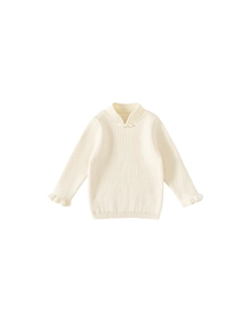 Girls cream ribbed knit sweater featuring mandarin collar with traditional frog button