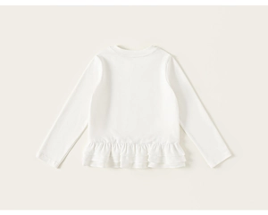 Detail van wit katoenen shirt met lange mouwen voor meisjes met ruches en zachte gebreide stof
