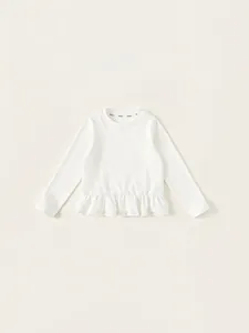 Meisjes Katoen T-Shirt Met Ruches Lange Mouwen Effen Wit Ronde Hals Basislaag Top Voor Kinderen Lente Herfst Kleding