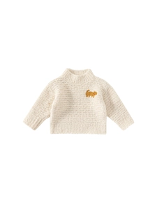 Toddler girl white knitted sweater with high collar and orange cat embroidery detail
