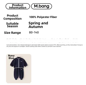 Detail view of navy blue children sports set with material and size chart specification